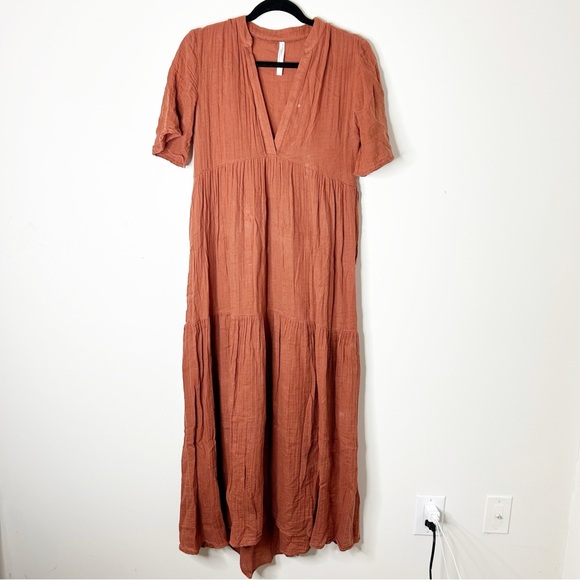 Anthropologie Kallie Flowy Maxi Dress Brown Crinkled Cotton Gauze Empire Waist - Picture 2 of 16